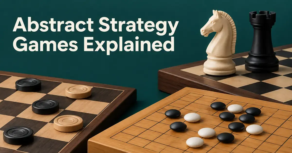 Chess pieces, checkers, and black and white Go stones on their boards beneath the title “Abstract Strategy Games Explained” against a deep teal background.