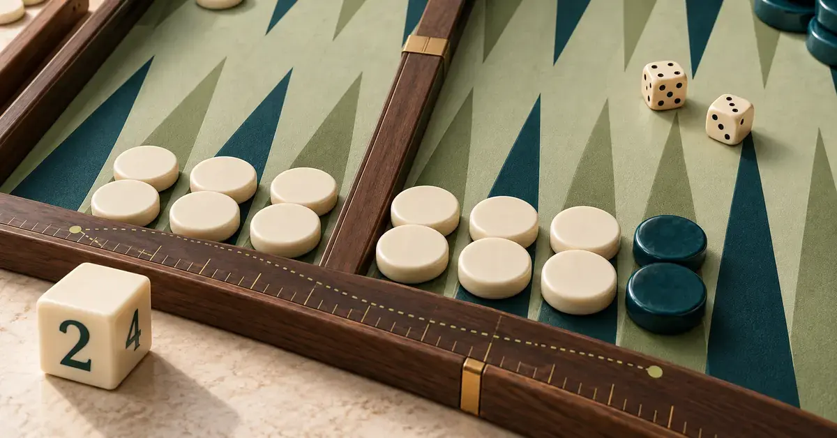 Ivory checkers form a six-point prime beside teal opposing checkers on a sage backgammon board, with dice, a doubling cube and pip-count markings.