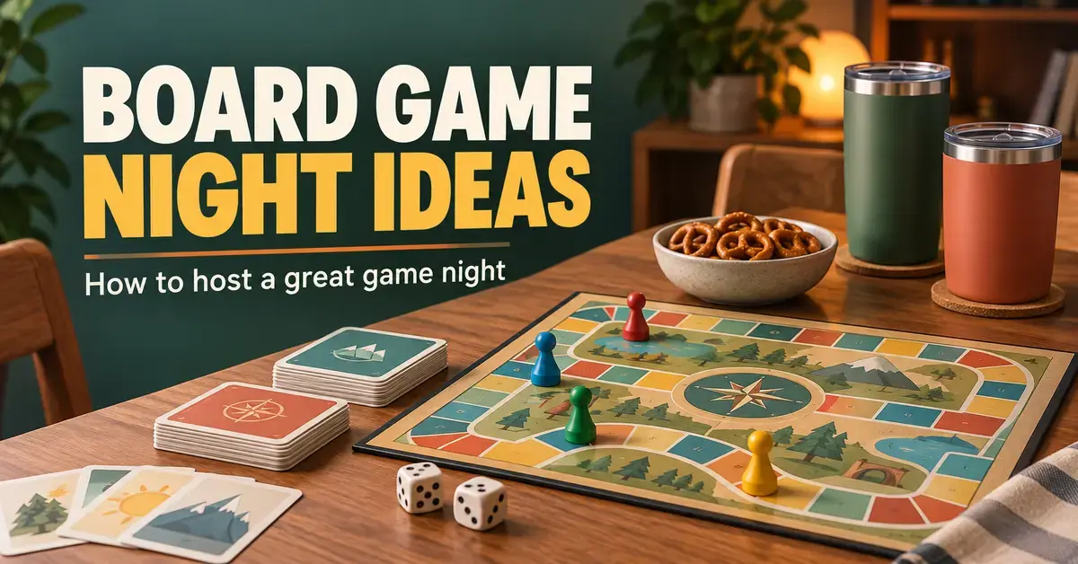 A welcoming game-night table with a colourful board game, cards, dice, pretzels and lidded drinks beside the heading “Board Game Night Ideas”.