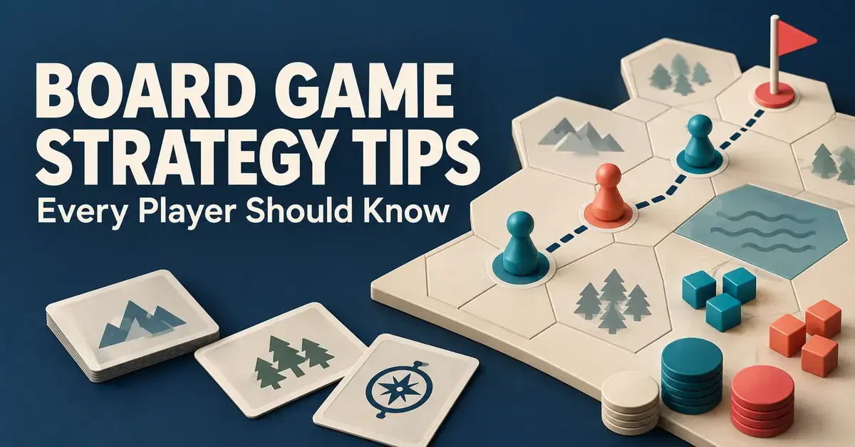 Board game strategy tips graphic with teal and coral pawns following a dotted path toward a flag, alongside resource cubes, tokens, and cards.