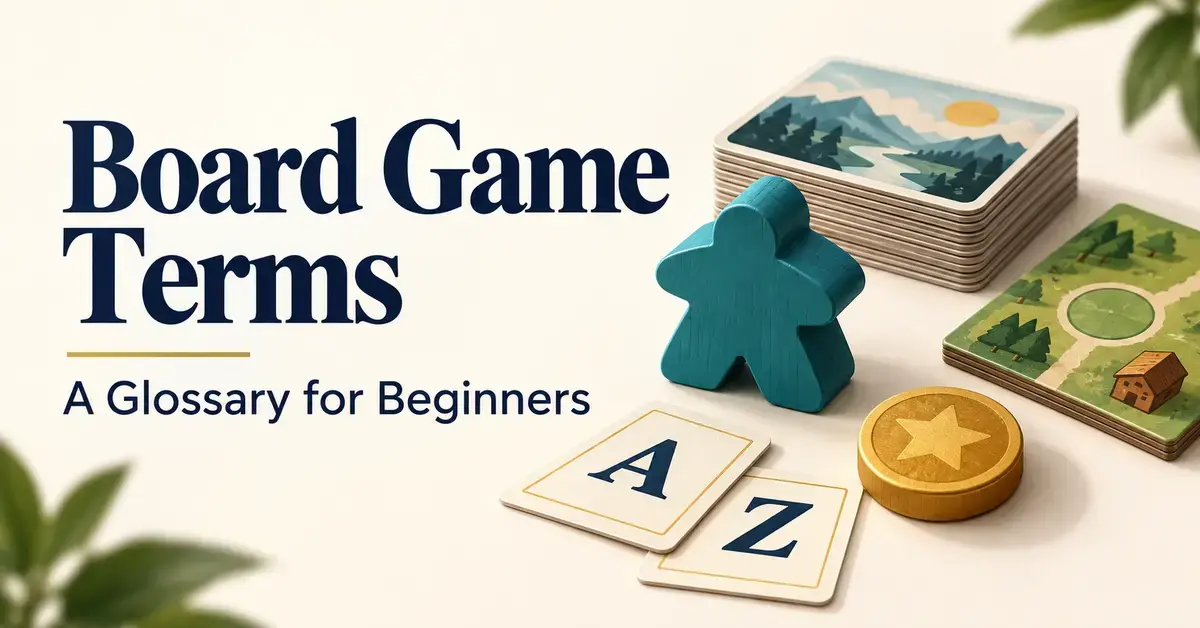 Board Game Terms: A Glossary for Beginners graphic featuring a teal meeple, game cards, a gold star token, and A and Z tiles.