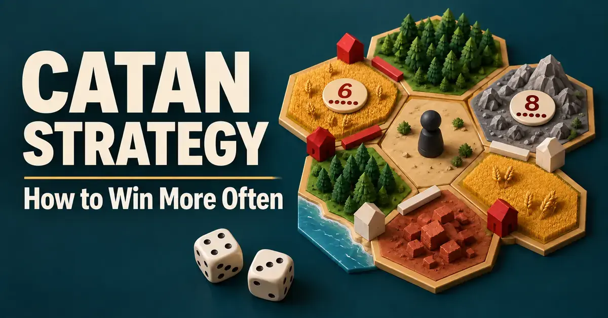 Illustrated Catan board with settlements, roads, dice, a robber, and number tokens beside the title “Catan Strategy: How to Win More Often.”