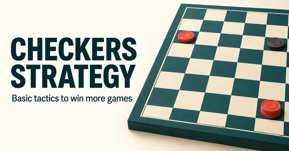 Red and black checkers, including a stacked red king, sit on a teal and cream board beside the text “Checkers Strategy: Basic tactics to win more games”.