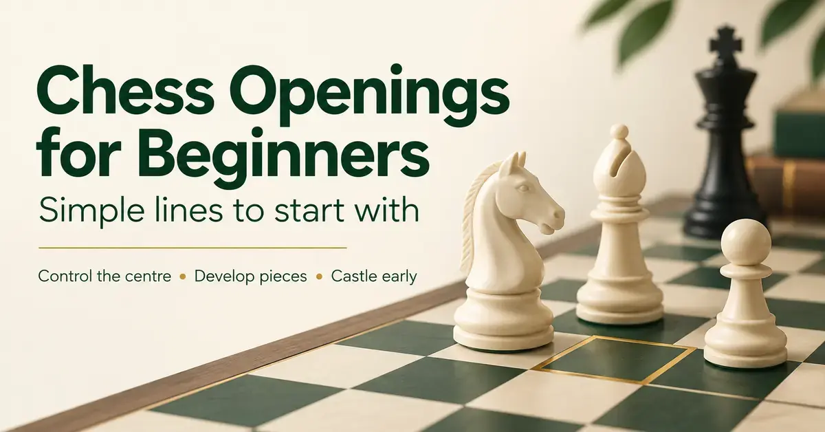 Ivory chess pieces on a green and cream board beside the heading “Chess Openings for Beginners” and tips to control the centre, develop pieces and castle early.