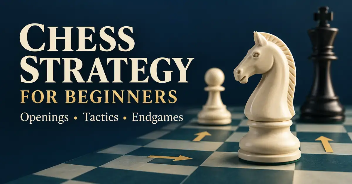 An ivory knight and pawn face a black king on a chessboard with gold arrows beside the text “Chess Strategy for Beginners: Openings, Tactics, Endgames.”