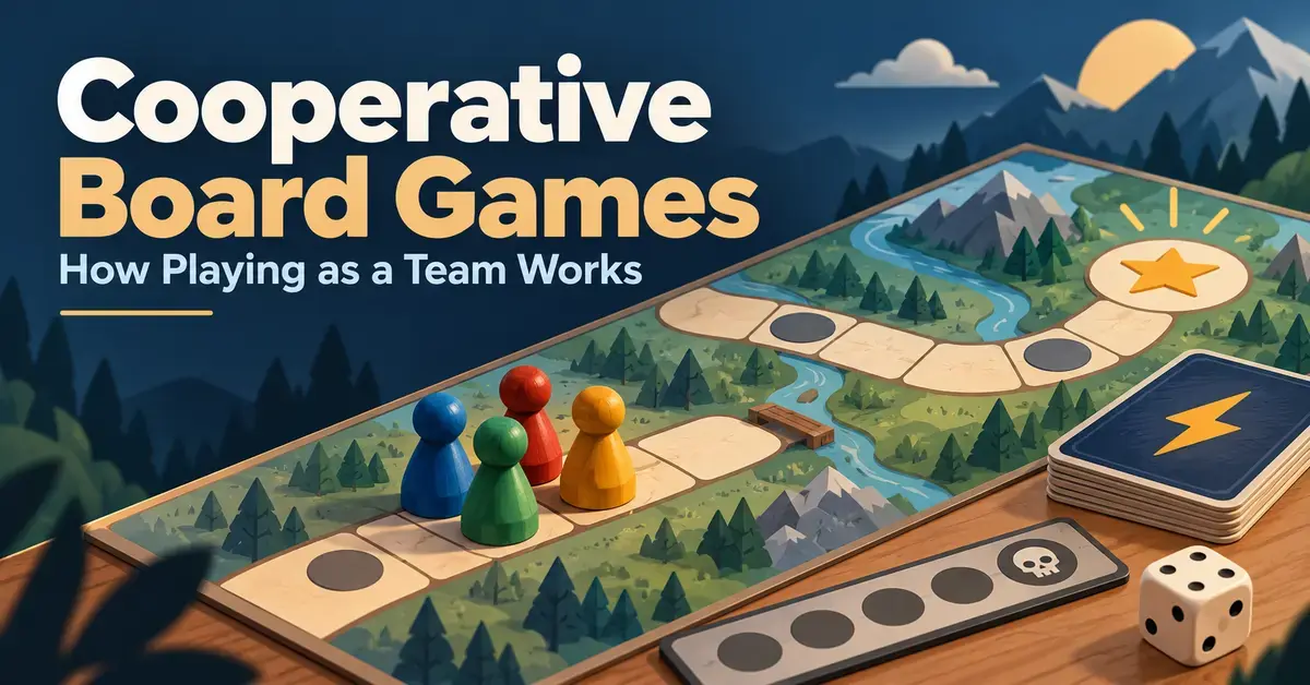 Four colourful playing pieces share a path towards a star on a cooperative game board, beside event cards, a die and a challenge track.