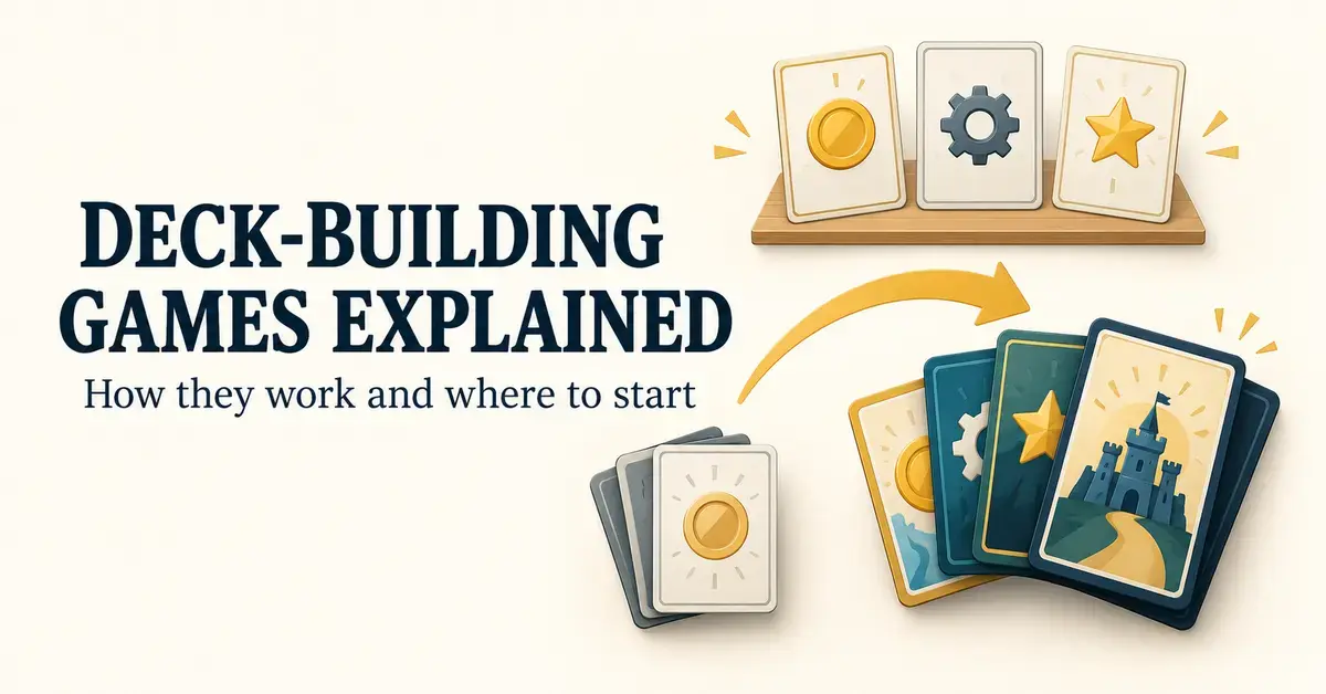 Illustrated cards progress from a small starter deck to a varied deck beneath a shared card market, beside the heading “Deck-Building Games Explained”.