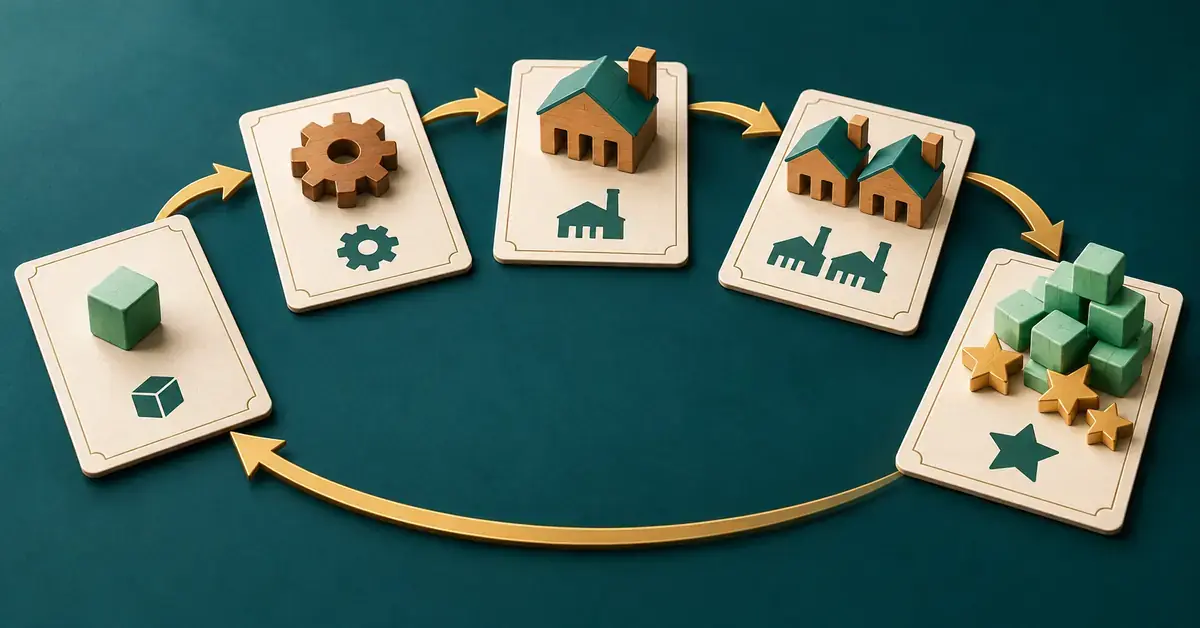 Five game cards connected by golden arrows show a resource cube developing into workshops that produce more resources and victory points in an engine-building loop.