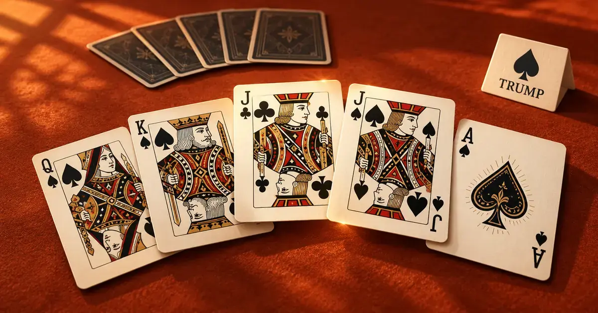 A strong Euchre hand featuring both black jacks and the ace, king and queen of spades lies on a terracotta table beside a spades trump marker, with a partner’s cards face down across the table.