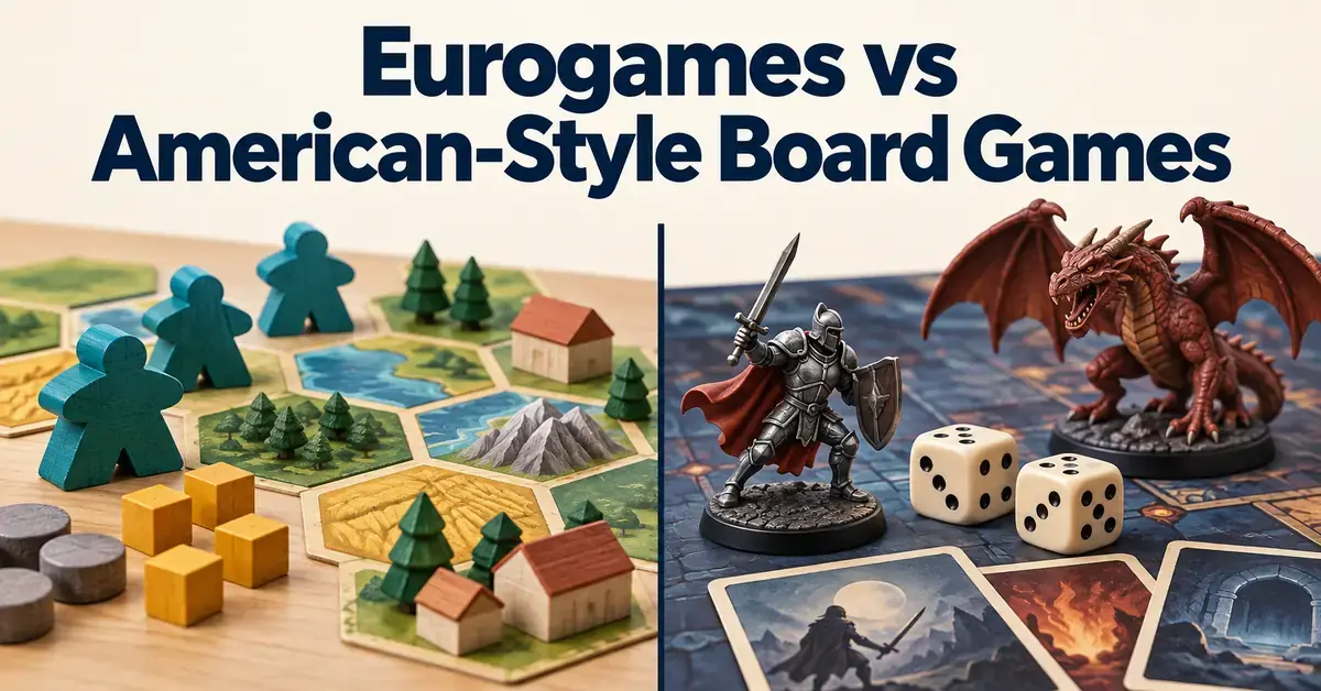 Side-by-side comparison of Eurogames with wooden meeples and resource tiles and American-style board games with fantasy miniatures, dice, and adventure cards.