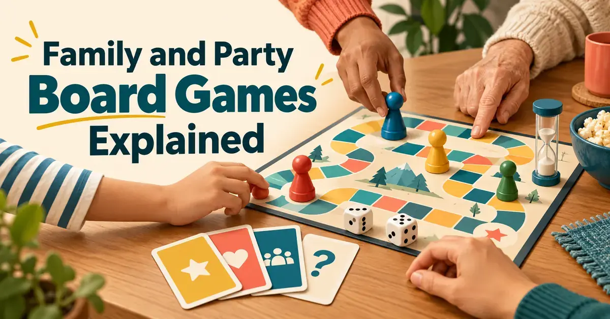 Hands of players of different ages move colorful pawns around a board beside dice, cards, and a sand timer under the title “Family and Party Board Games Explained.”