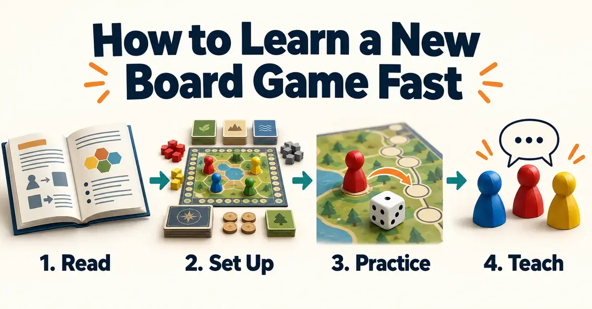 Illustrated guide to learning a new board game fast in four steps: read the rulebook, set up the game, practice a turn, and teach other players.