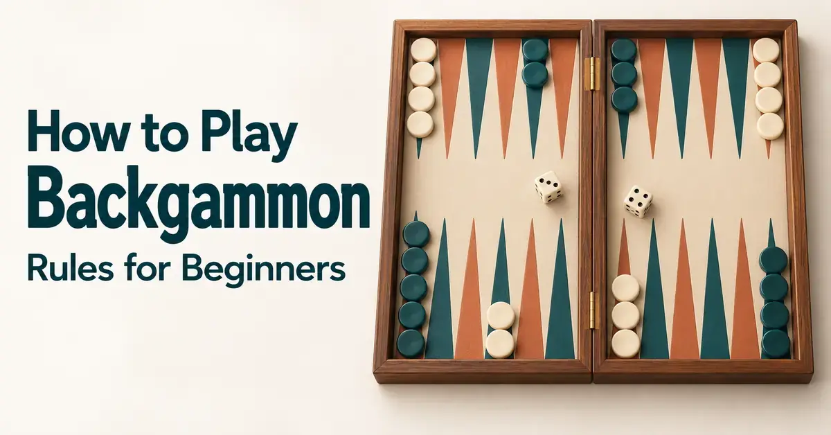 An illustrated backgammon board with teal and ivory checkers and two dice beside the title “How to Play Backgammon: Rules for Beginners.”