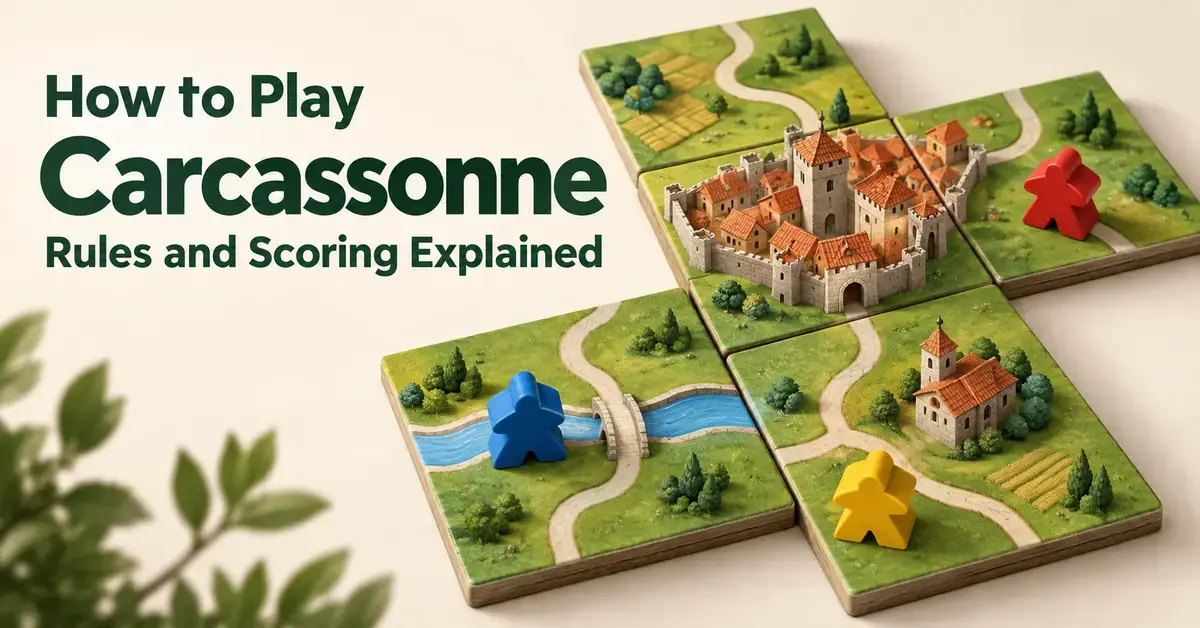Carcassonne landscape tiles with a medieval city, roads and a monastery, alongside colourful meeples and the heading “How to Play Carcassonne: Rules and Scoring Explained”.