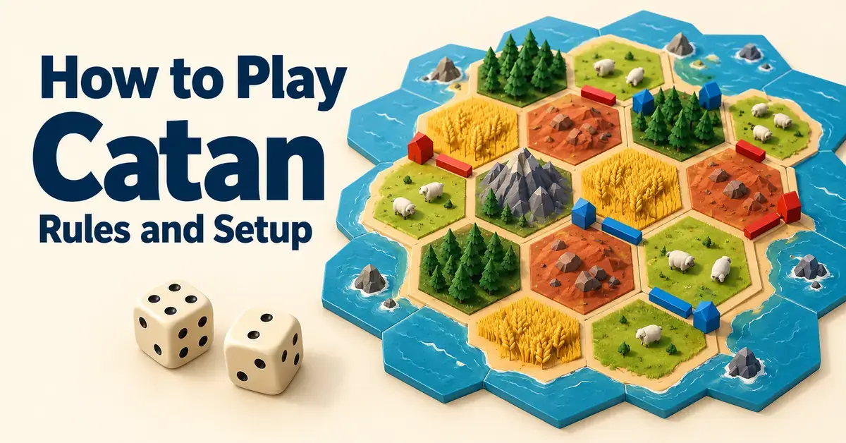 Illustrated Catan island with resource hexagons, red and blue settlements and roads, and two dice beside the title “How to Play Catan: Rules and Setup.”