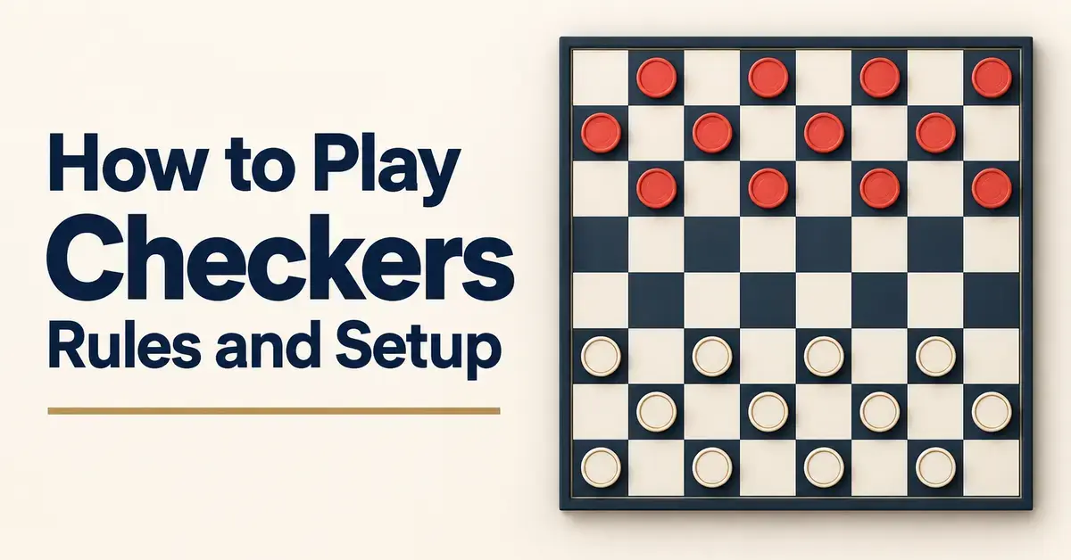 Checkers board with 12 red and 12 ivory pieces in their starting positions beside the title “How to Play Checkers: Rules and Setup.”