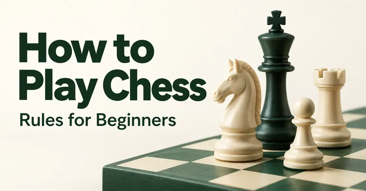 An ivory knight, rook, and pawn stand beside a dark green king on a chessboard next to the title “How to Play Chess: Rules for Beginners.”