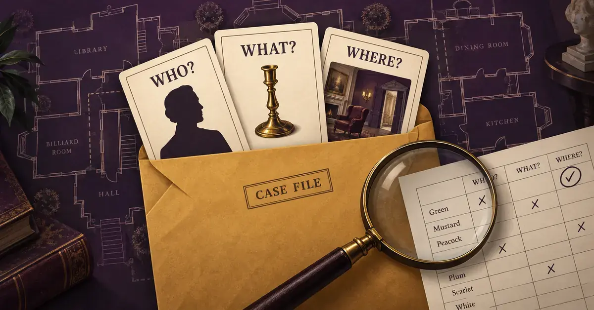 Three cards depicting a suspect, candlestick and mansion room emerge from a case-file envelope beside a magnifying glass and deduction sheet.