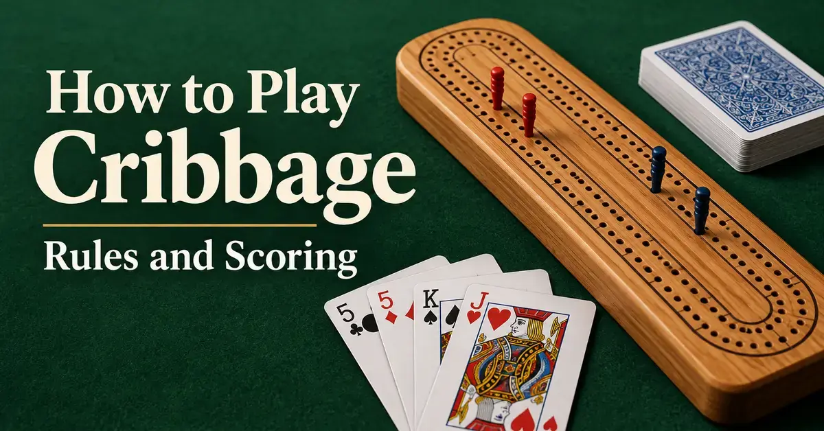 A wooden cribbage board with red and blue pegs and playing cards on a green background beside the title “How to Play Cribbage: Rules and Scoring.”