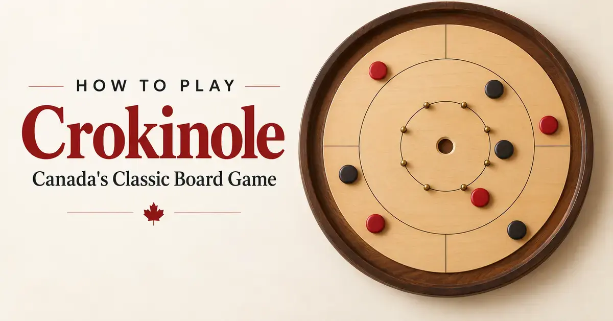 A wooden crokinole board with red and black discs beside the title “How to Play Crokinole: Canada's Classic Board Game” and a red maple leaf.