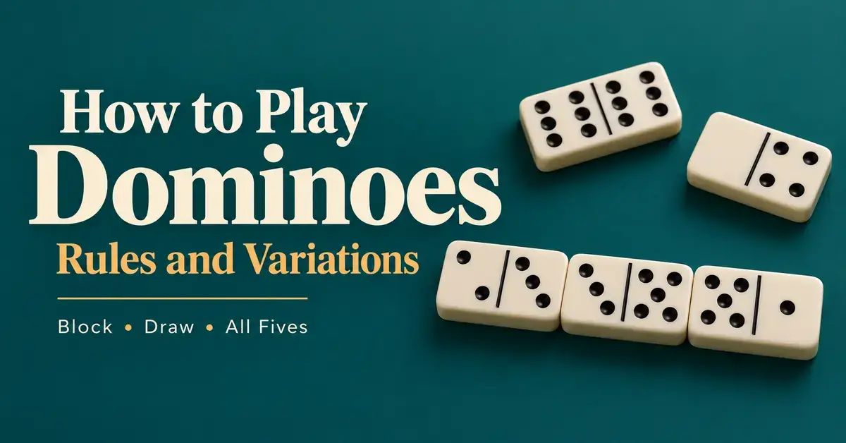 Ivory domino tiles on a teal background beside the title “How to Play Dominoes: Rules and Variations” and the game names Block, Draw, and All Fives.