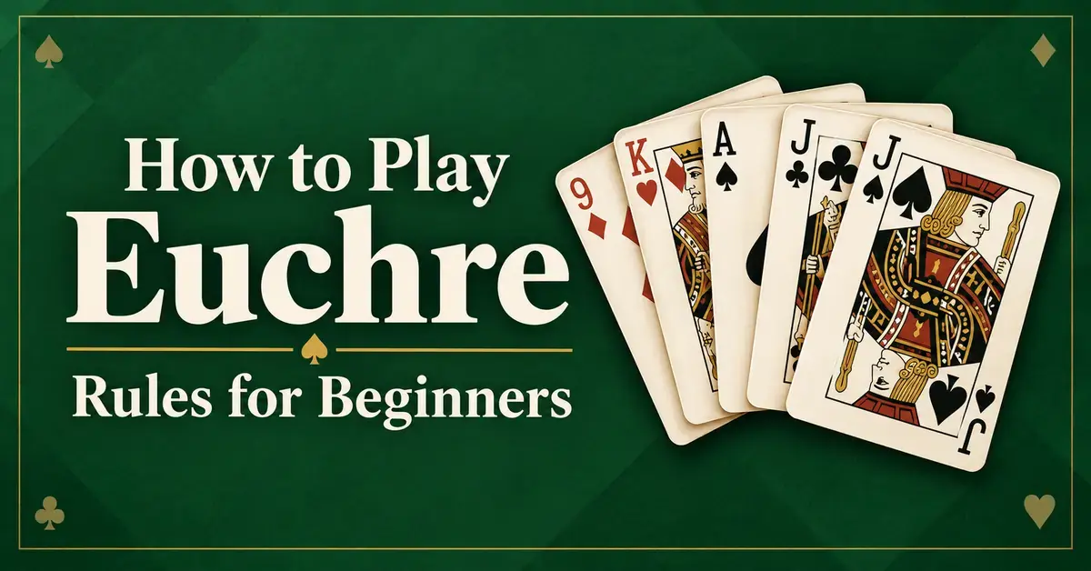 Euchre playing cards featuring the jacks of spades and clubs beside the title “How to Play Euchre: Rules for Beginners” on a dark green background.