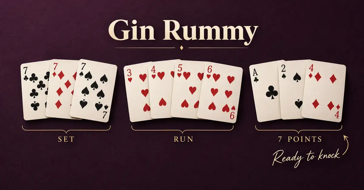 A Gin Rummy hand shows a set of three sevens, a run of hearts from three to six, and three unmatched cards totalling seven points, ready to knock.