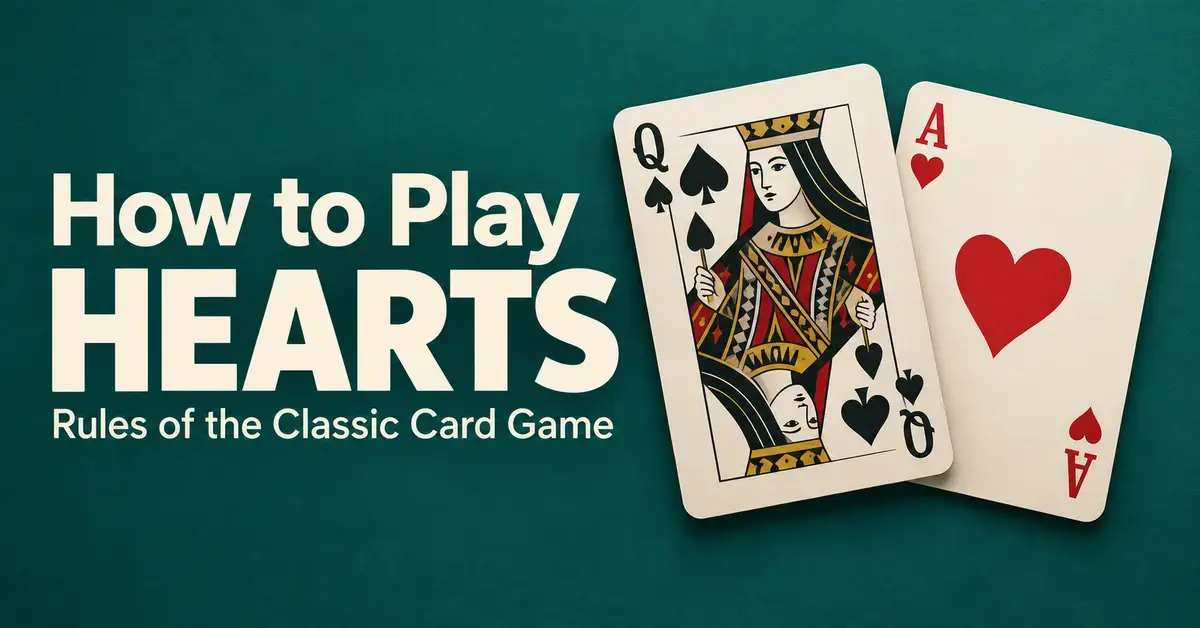 How to Play Hearts title beside the queen of spades and ace of hearts on a deep teal background.