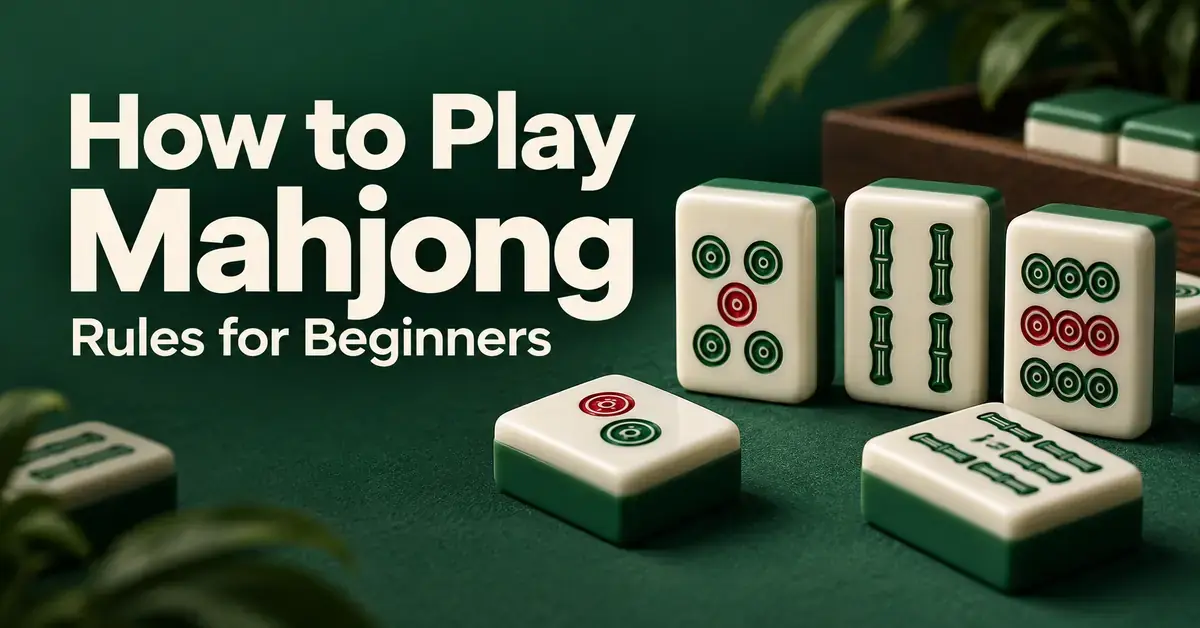 Ivory circle and bamboo Mahjong tiles on a dark green playing surface beside the title “How to Play Mahjong: Rules for Beginners”.