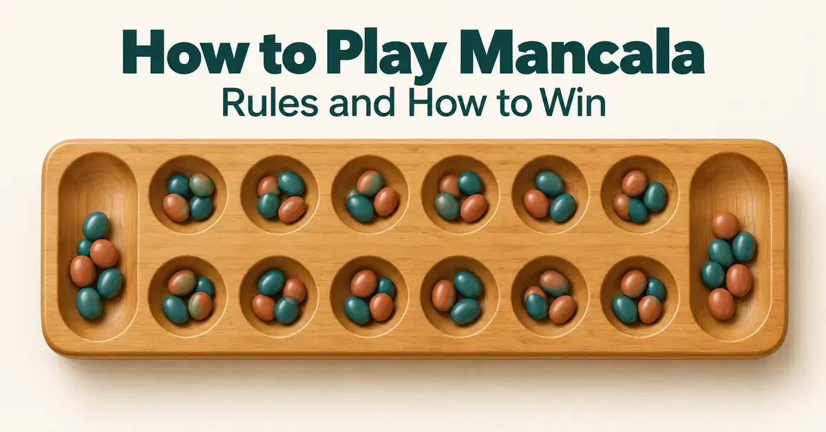 A wooden Mancala board with two rows of six pits, two end stores and colourful stones beneath the title “How to Play Mancala: Rules and How to Win”.