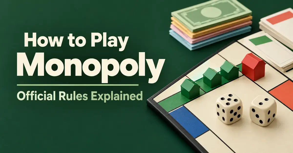 Graphic reading “How to Play Monopoly: Official Rules Explained” beside a property-trading board with green houses, a red hotel, dice, cards, and play money.