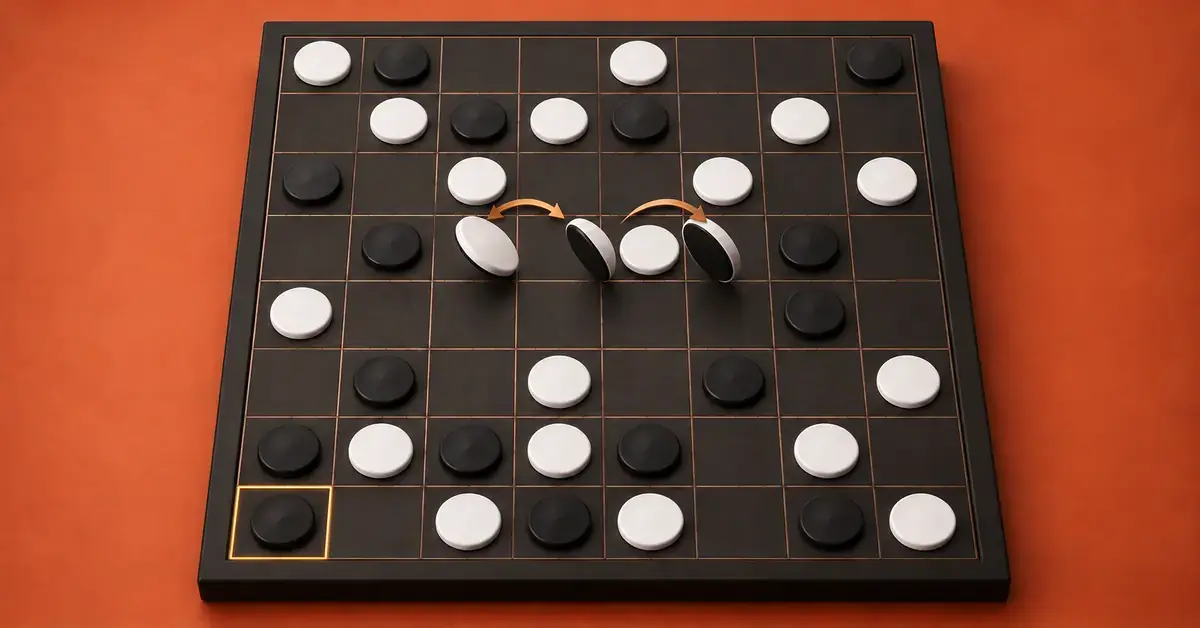 Black and white discs on an eight-by-eight Othello board illustrate a disc-flipping move, with one corner highlighted in amber against a terracotta background.