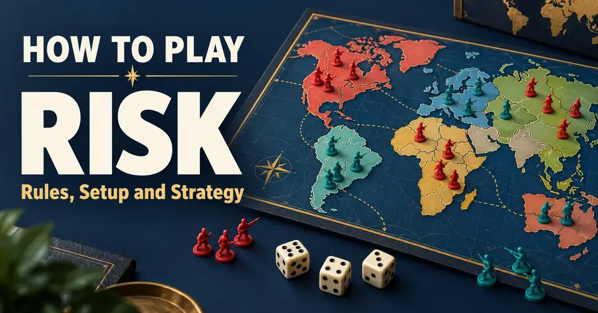 Graphic reading “How to Play Risk: Rules, Setup and Strategy” beside a stylised world map board with red and teal army pieces and dice.
