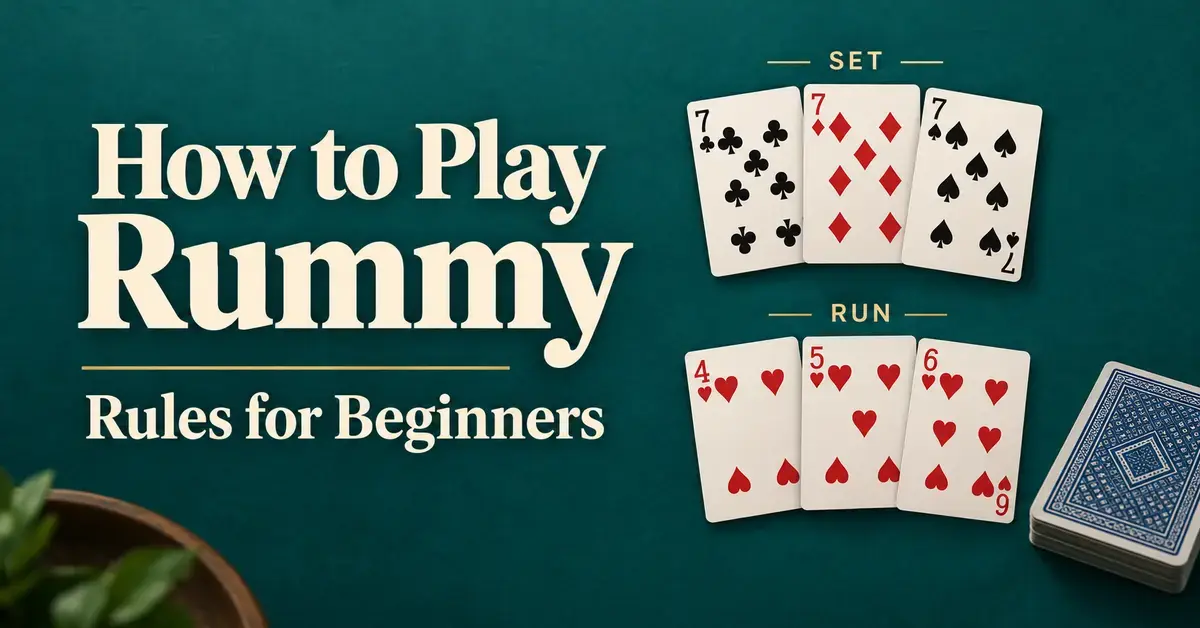 Rummy beginner's guide graphic showing a set of three sevens and a run of four, five, and six of hearts on a teal card table.