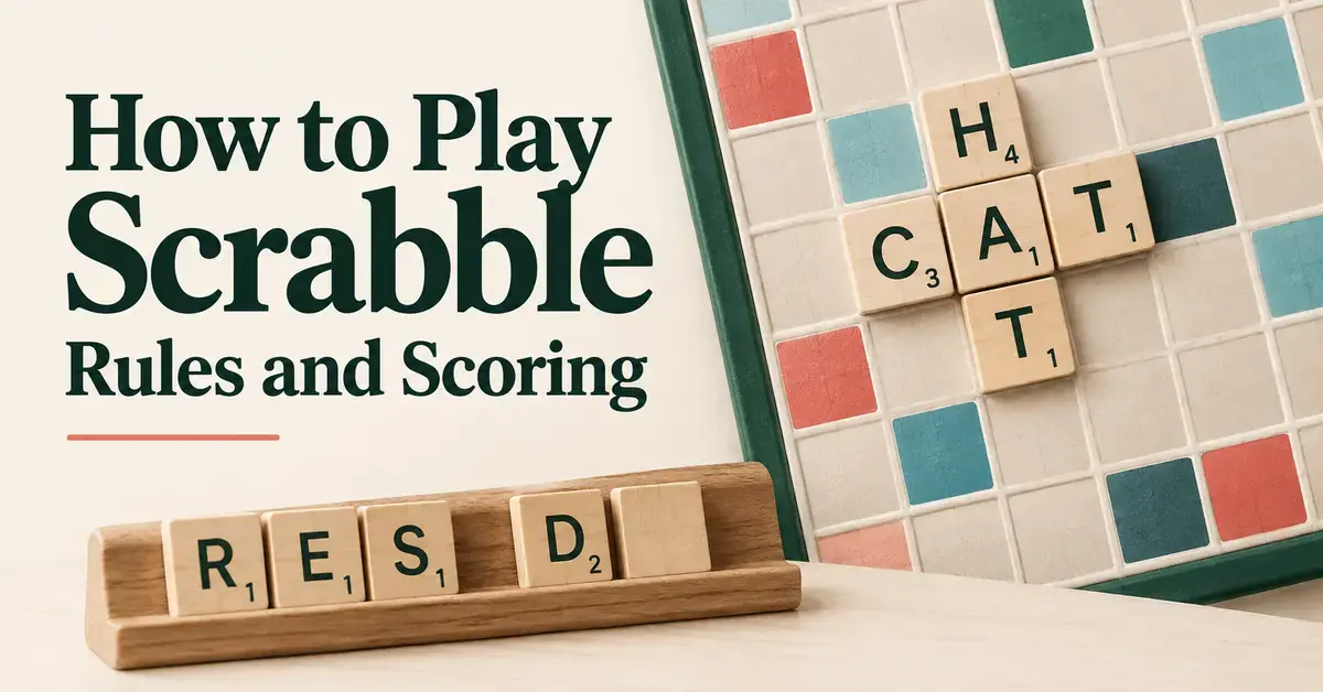 Scrabble rules and scoring graphic with wooden letter tiles forming CAT and HAT on a colorful grid beside the article title.