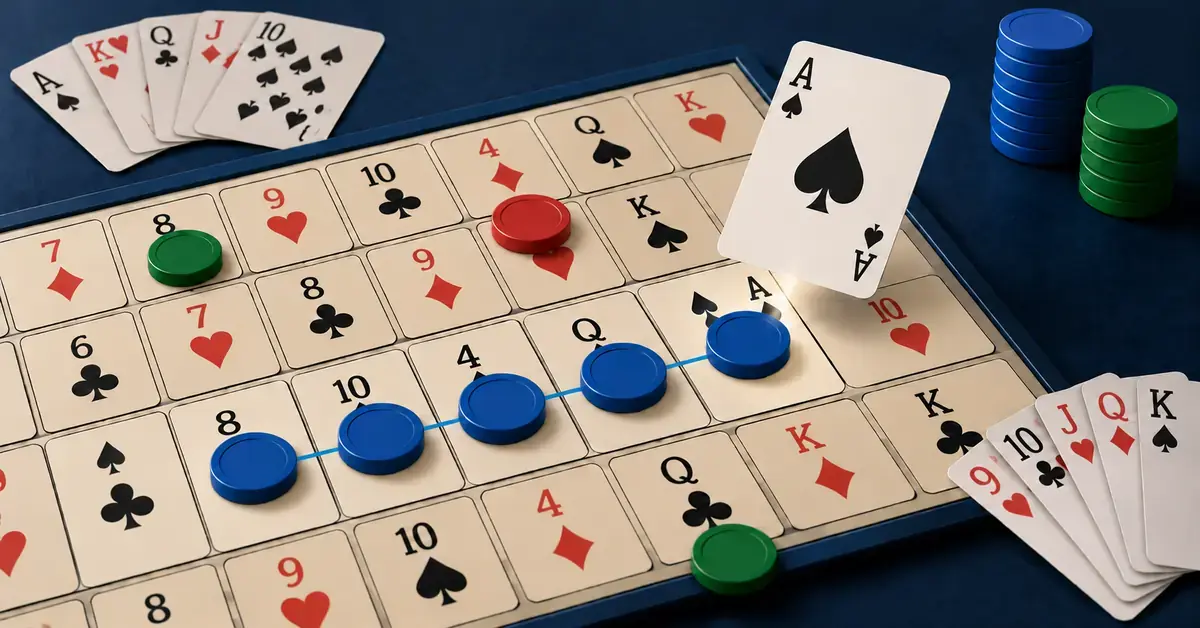An ace of spades hovers above its matching space on a stylized Sequence board, where five blue chips form a connected row beside playing cards and team chips.
