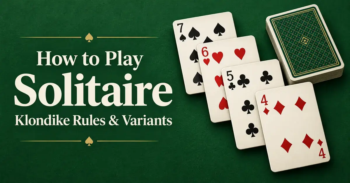 Descending playing cards and a face-down deck on a green background beside the title “How to Play Solitaire: Klondike Rules & Variants”.