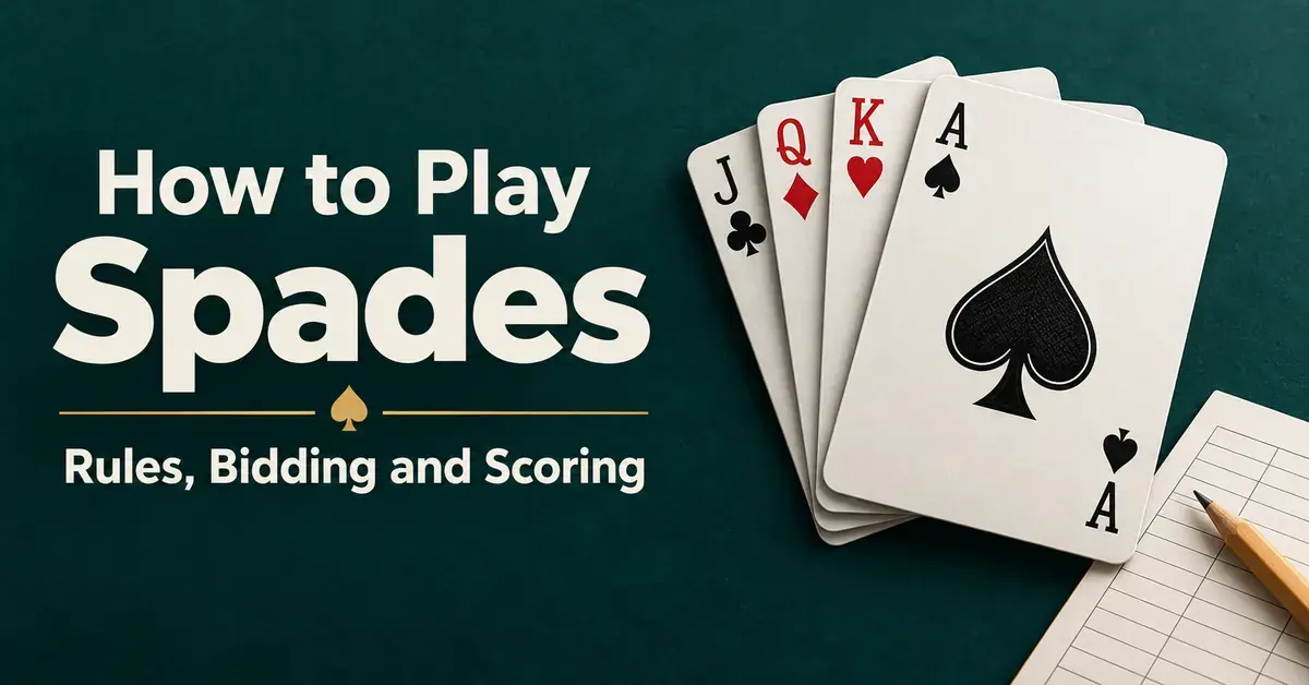 A fan of playing cards with the ace of spades in front sits beside a score sheet and pencil, with the title “How to Play Spades: Rules, Bidding and Scoring” on a dark teal background.