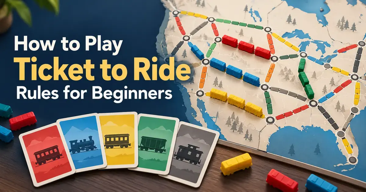 Colourful train pieces and train-car cards surround a North American railway map beside the title “How to Play Ticket to Ride: Rules for Beginners”.
