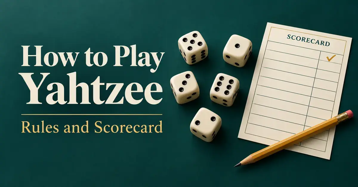 Five ivory dice beside a scorecard and pencil on a teal background with the title “How to Play Yahtzee: Rules and Scorecard.”