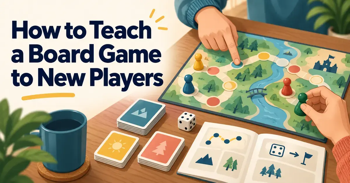 Illustration of a host pointing to a board game while a new player moves a pawn, beside the title “How to Teach a Board Game to New Players”.