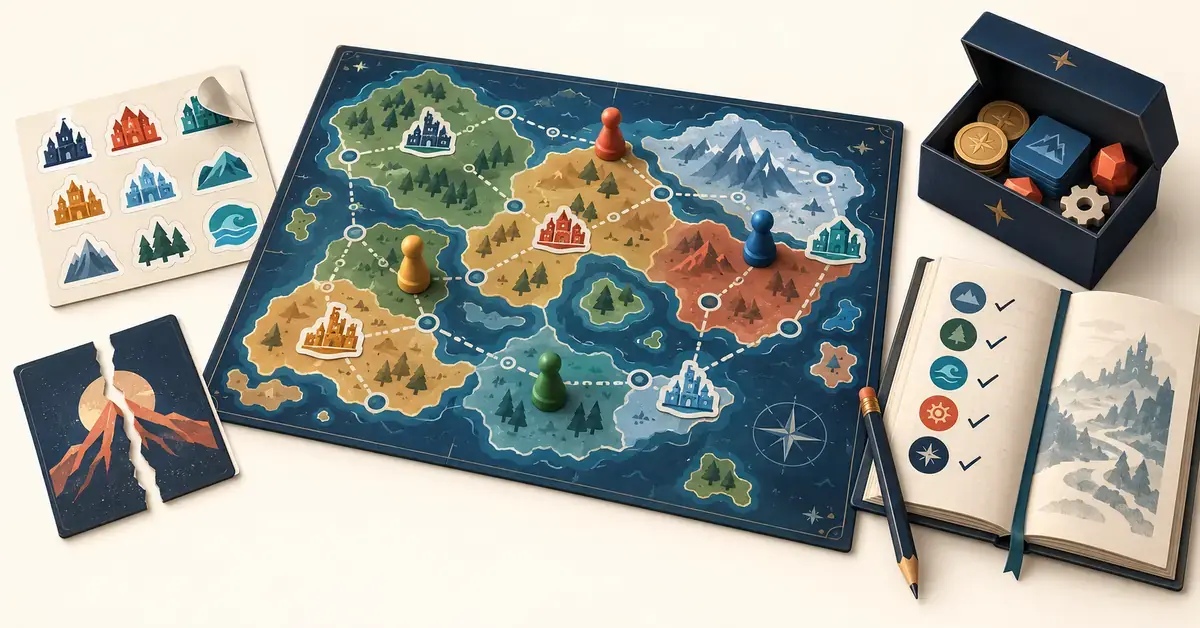 An illustrated legacy board game with city stickers, colourful pawns, a torn card, a campaign journal and an opened box of new components.