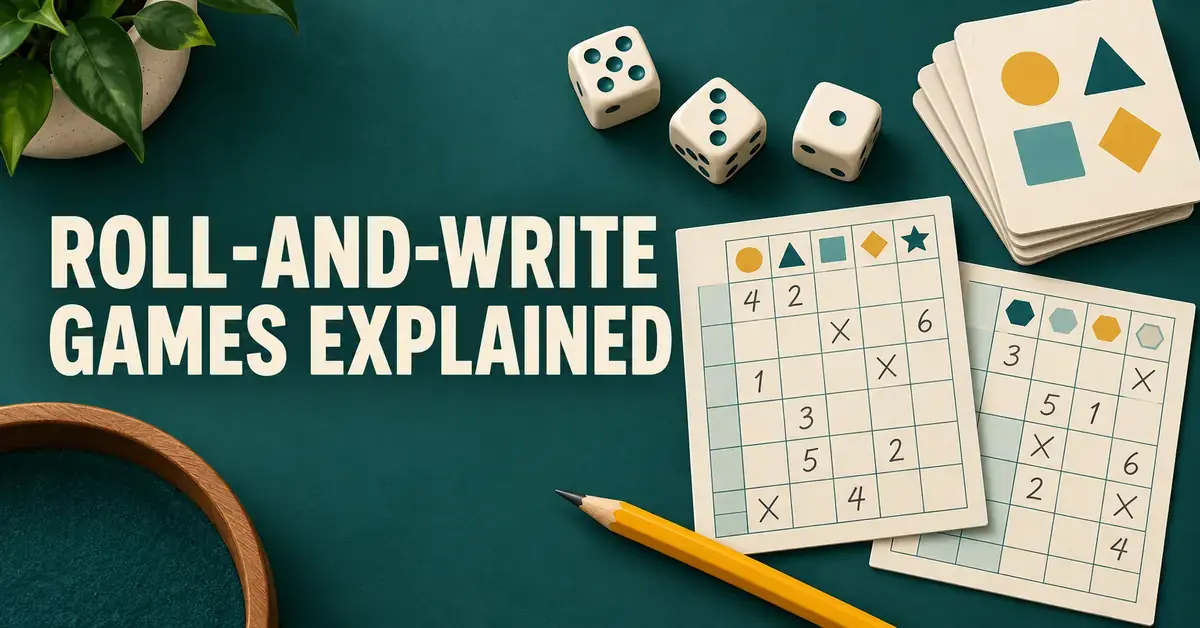 Dice, marked score sheets, cards and a yellow pencil on a teal tabletop beside the title “Roll-and-Write Games Explained”.