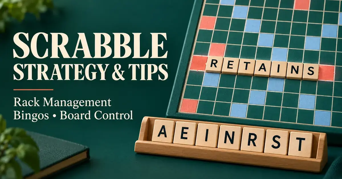 Scrabble strategy graphic featuring a board with tiles spelling RETAINS and a seven-letter rack beside text about rack management, bingos, and board control.