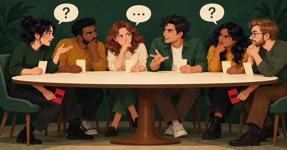 Six players question one another around a table while two conceal matching red role cards beneath it, illustrating secret allegiances in social deduction games.