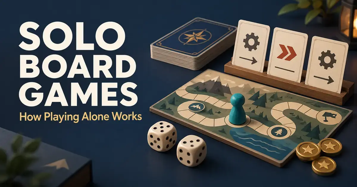 A teal pawn stands on a solo board game beside dice, action cards, and gold tokens, with the title “Solo Board Games: How Playing Alone Works.”