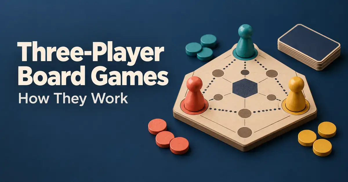 Teal, coral and yellow pawns form a triangle on a wooden game board beside the title “Three-Player Board Games: How They Work”.