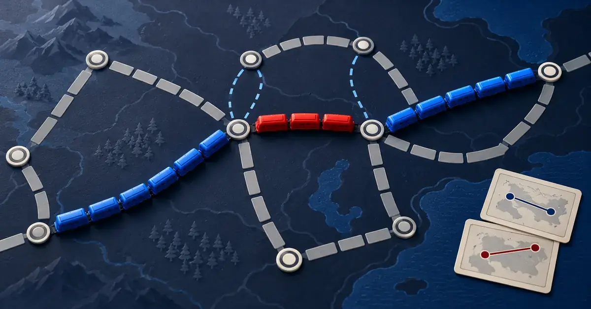 Blue train routes meet a red opponent’s blocking connection on a stylized railway game board, with alternative paths and destination tickets illustrating route-planning strategy.