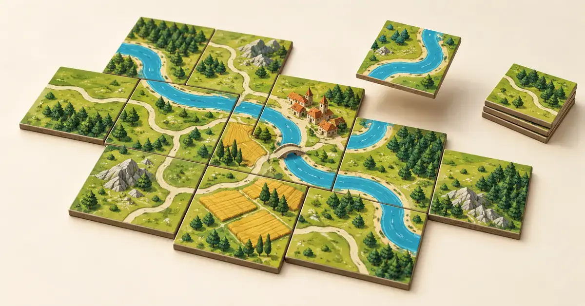 Square landscape tiles form a winding river through forests, fields and a village, with a new tile hovering above the growing layout.
