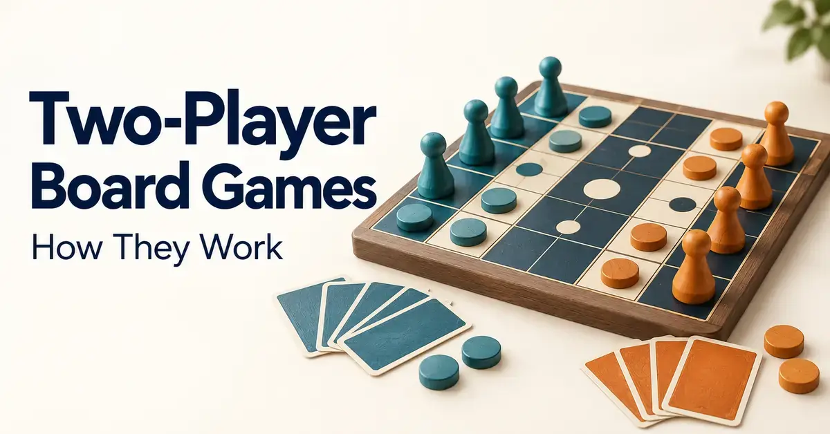 Teal and orange pawns, tokens, and cards surround a two-player strategy board beside the title “Two-Player Board Games: How They Work.”